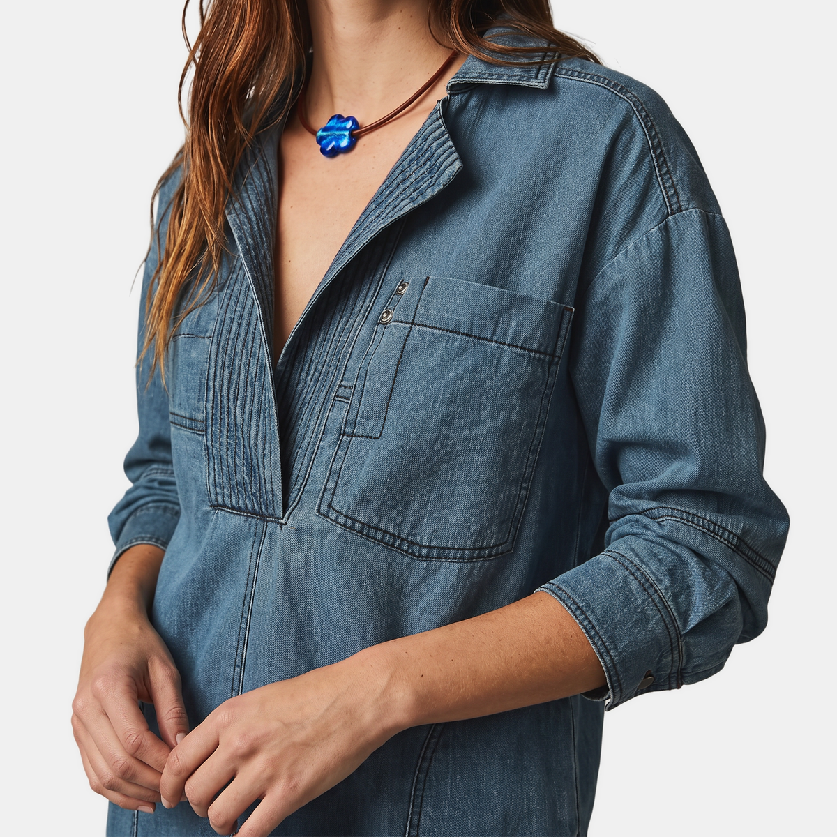 Women's Oversized V-Neck Long Sleeve Denim Shirt
