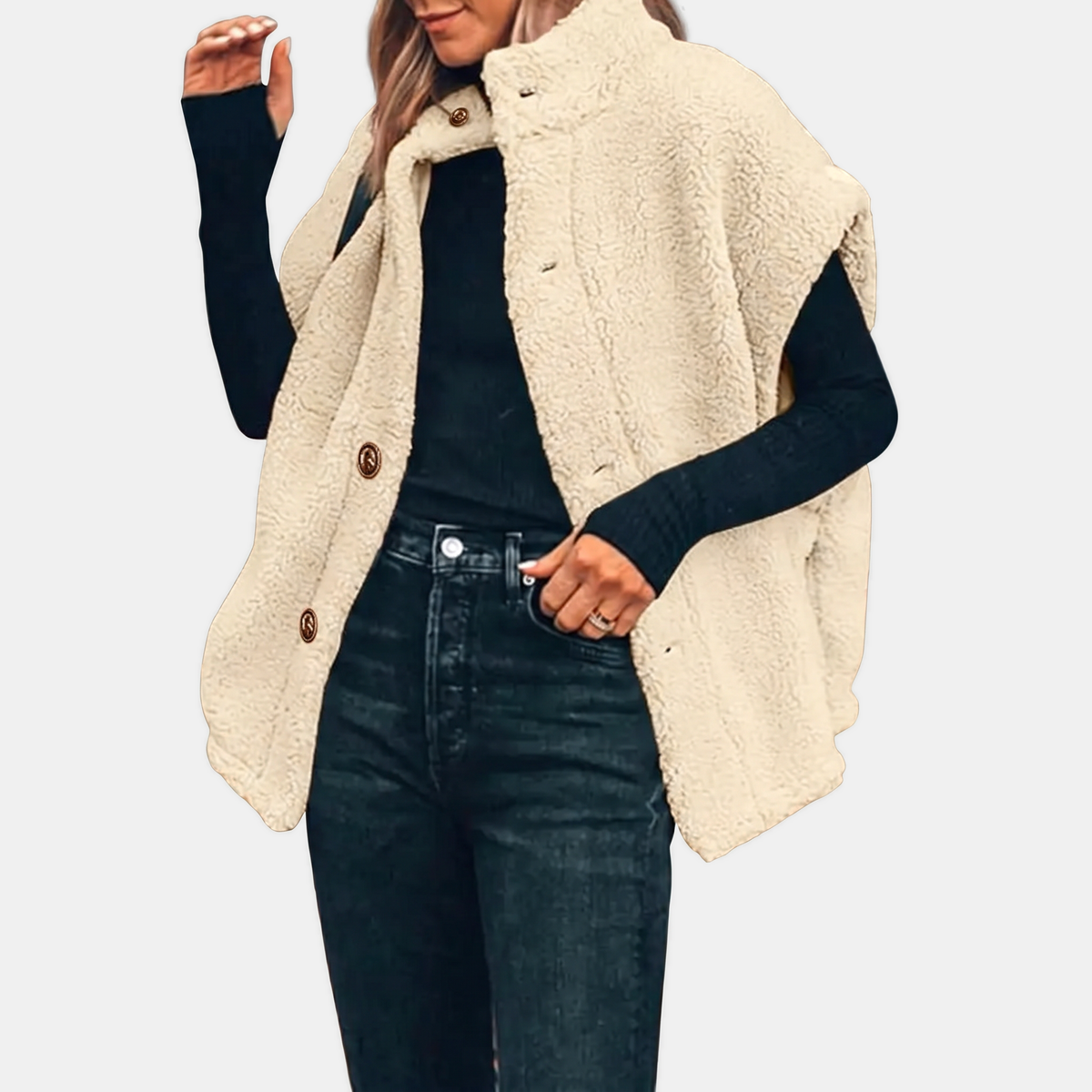 Women's Button Front Teddy Fleece Oversized Vest
