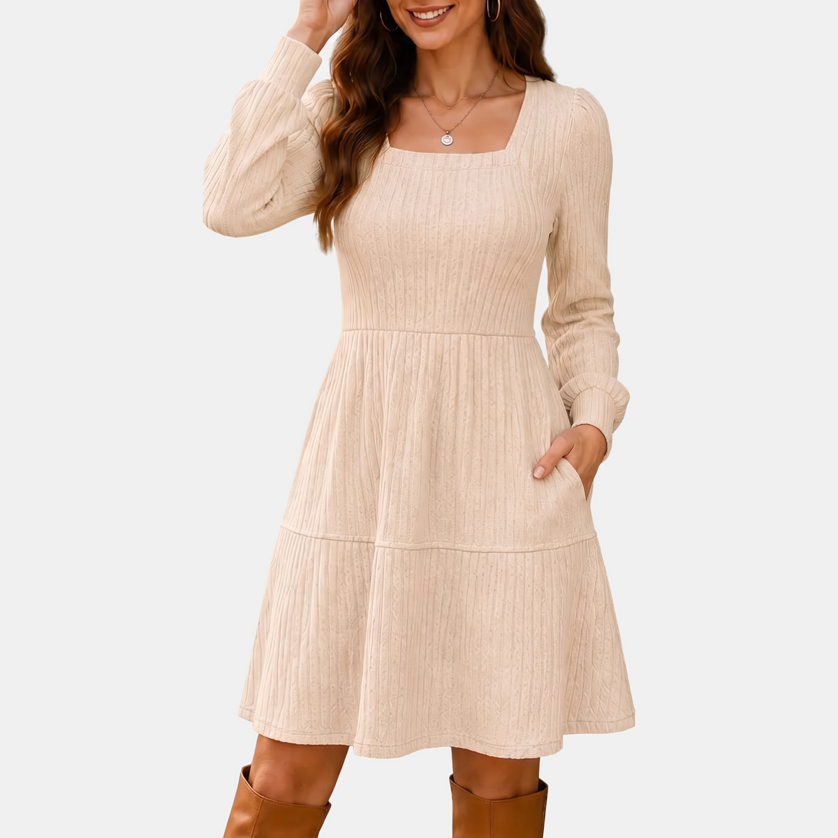 Women's Ribbed Knit Tiered Skirt Square Neck Mini Dress