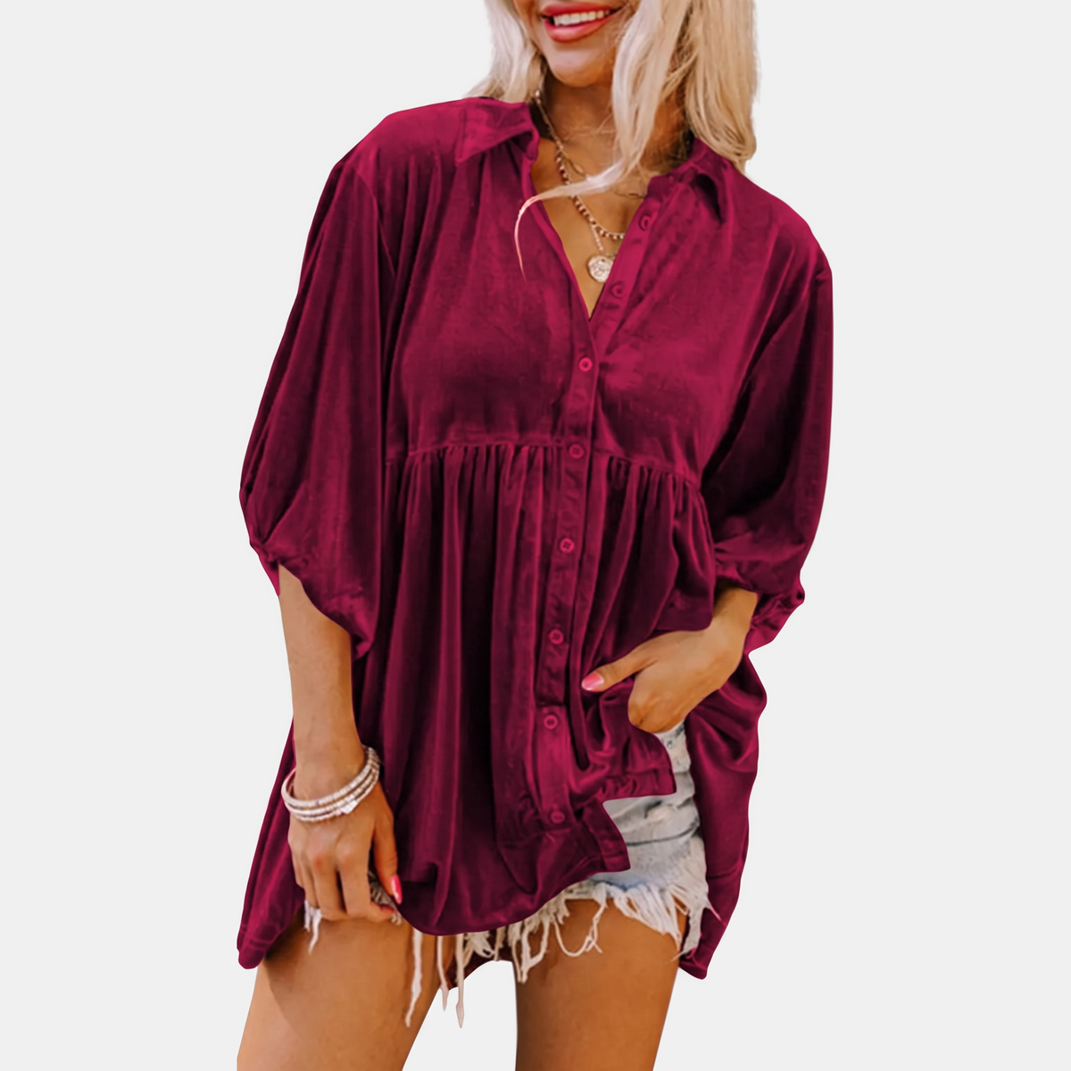 Women's Velvet Puff Sleeve Button Front Babydoll Mini Dress
