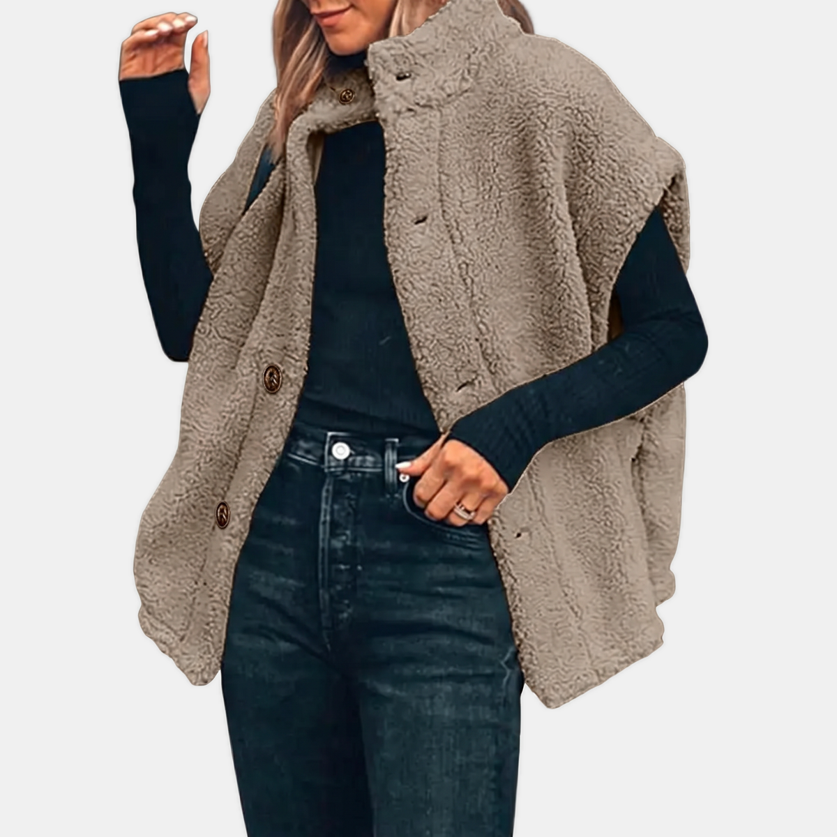 Women's Button Front Teddy Fleece Oversized Vest