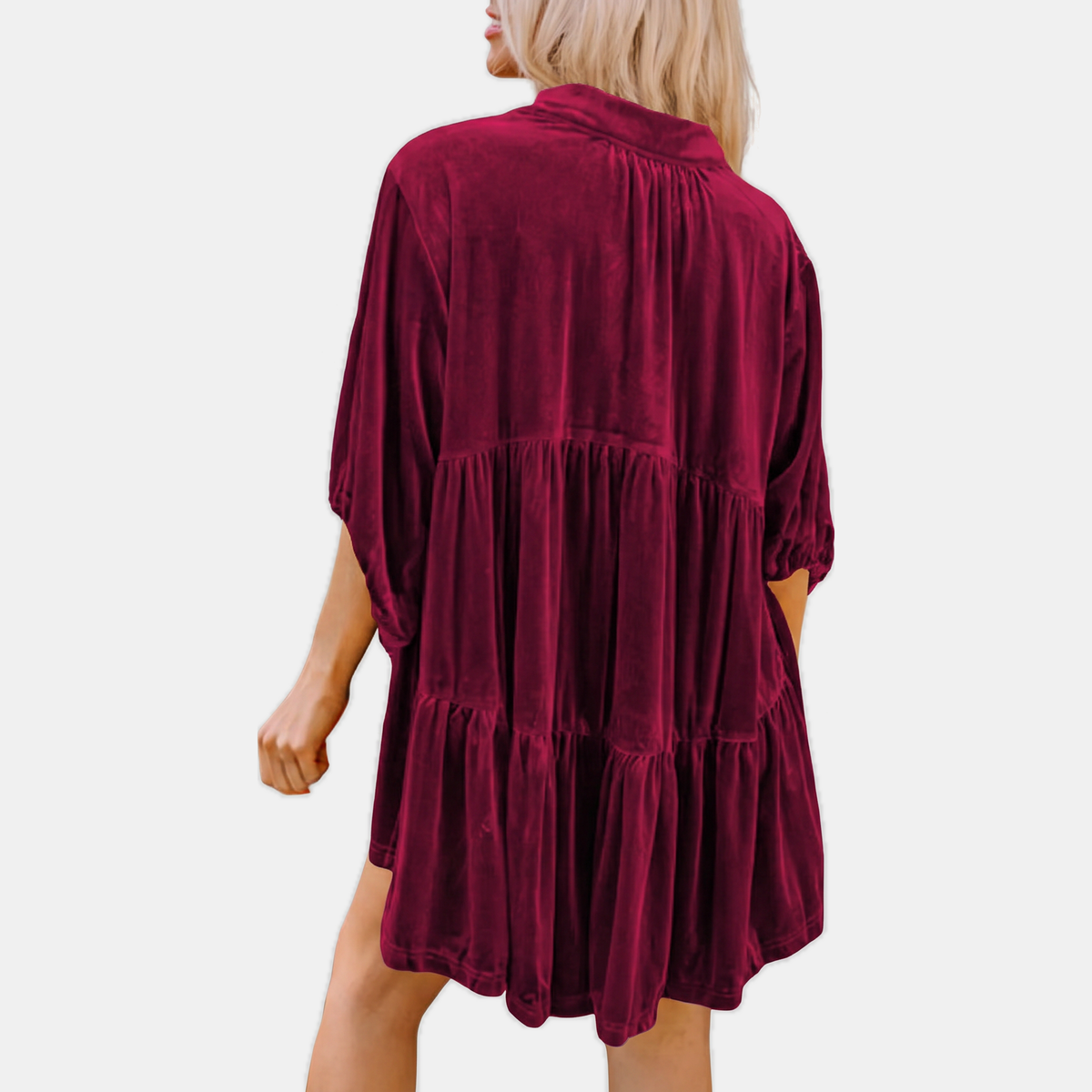 Women's Velvet Puff Sleeve Button Front Babydoll Mini Dress