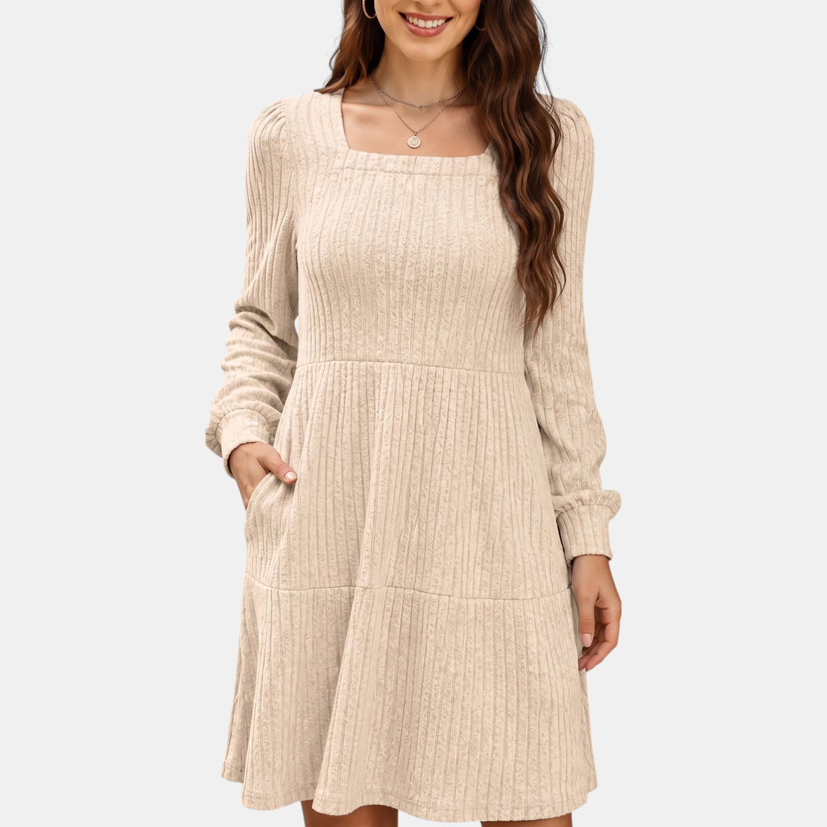 Women's Ribbed Knit Tiered Skirt Square Neck Mini Dress