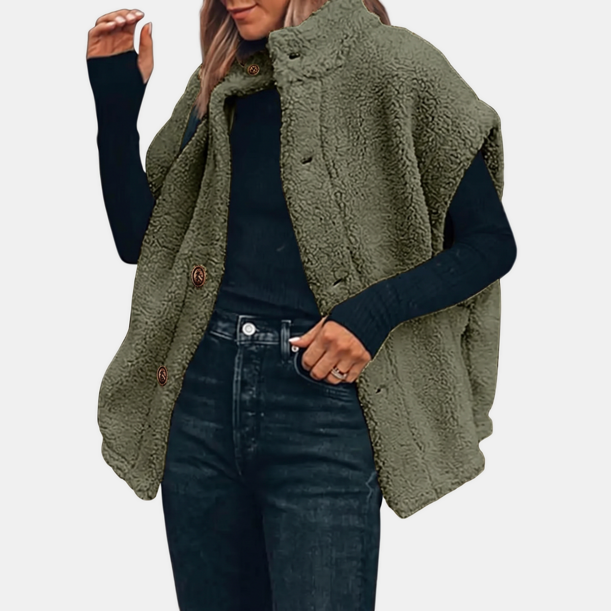 Women's Button Front Teddy Fleece Oversized Vest
