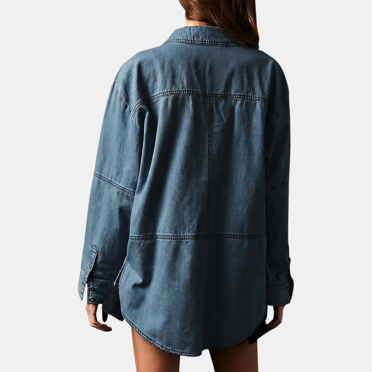 Women's Oversized V-Neck Long Sleeve Denim Shirt