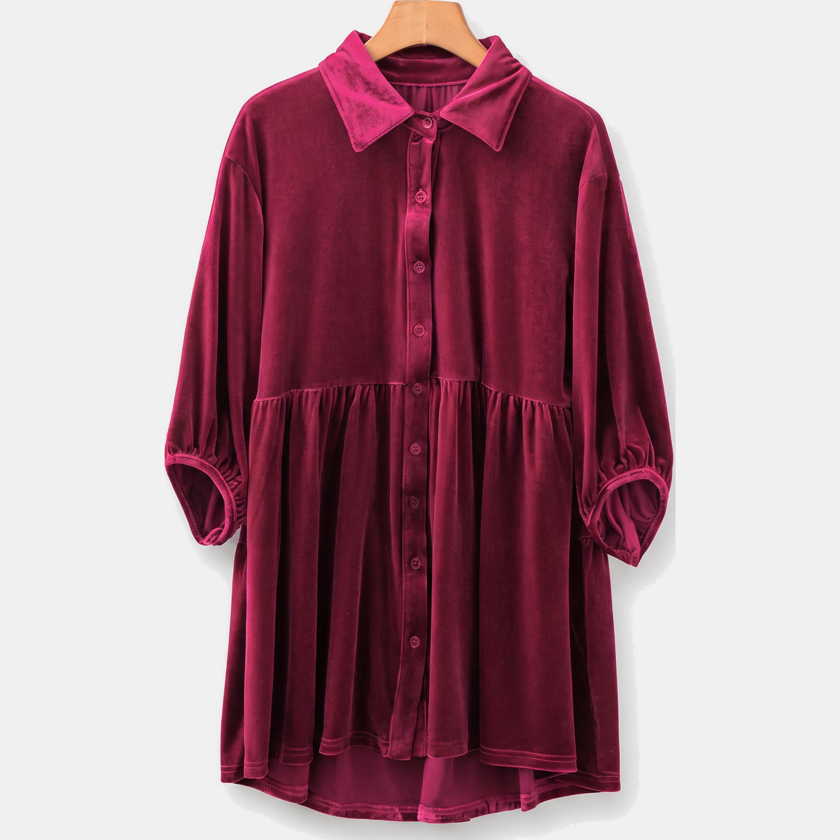 Women's Velvet Puff Sleeve Button Front Babydoll Mini Dress