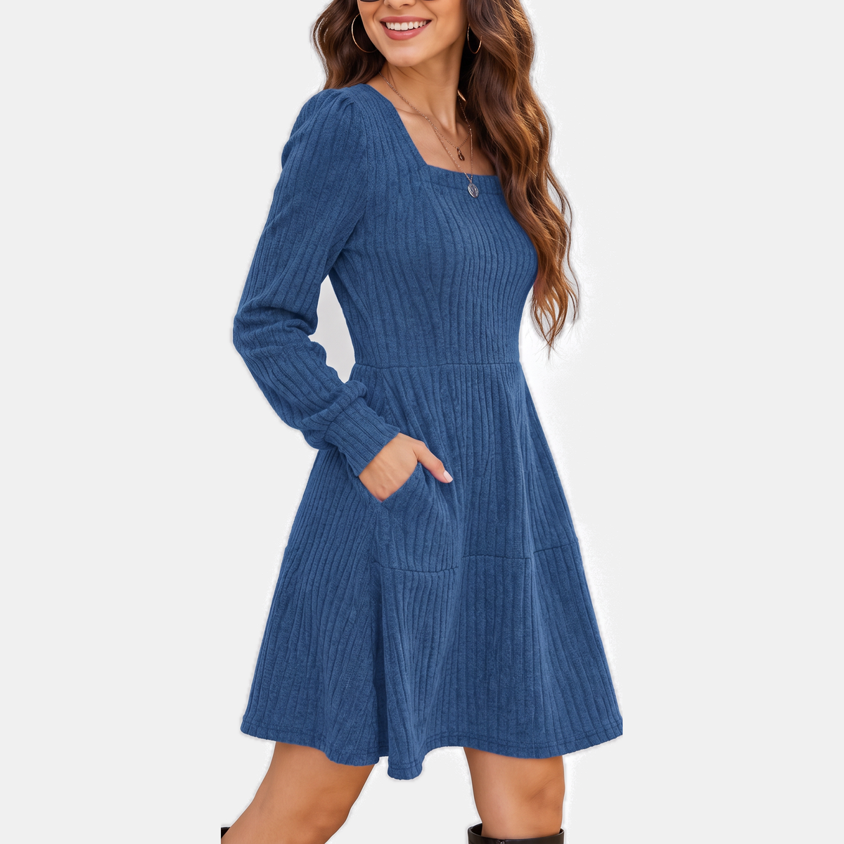 Women's Ribbed Knit Tiered Skirt Square Neck Mini Dress