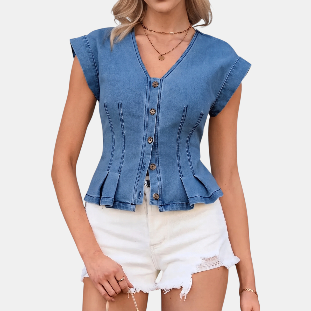 Women's Denim Vest Button Front Peplum Sleeveless Top