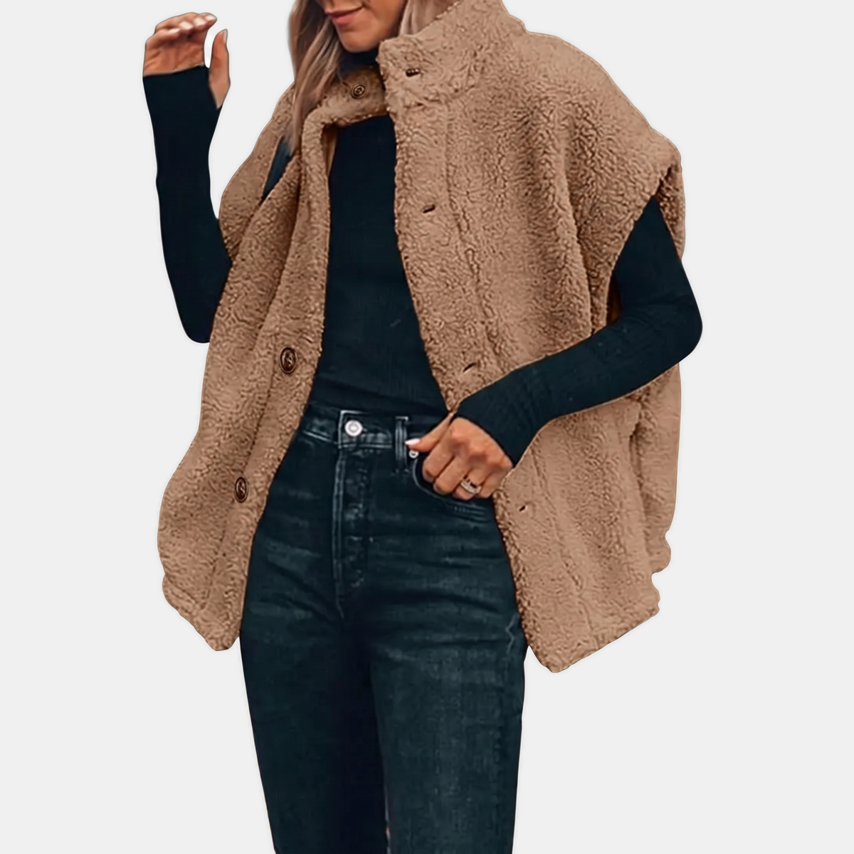Women's Button Front Teddy Fleece Oversized Vest