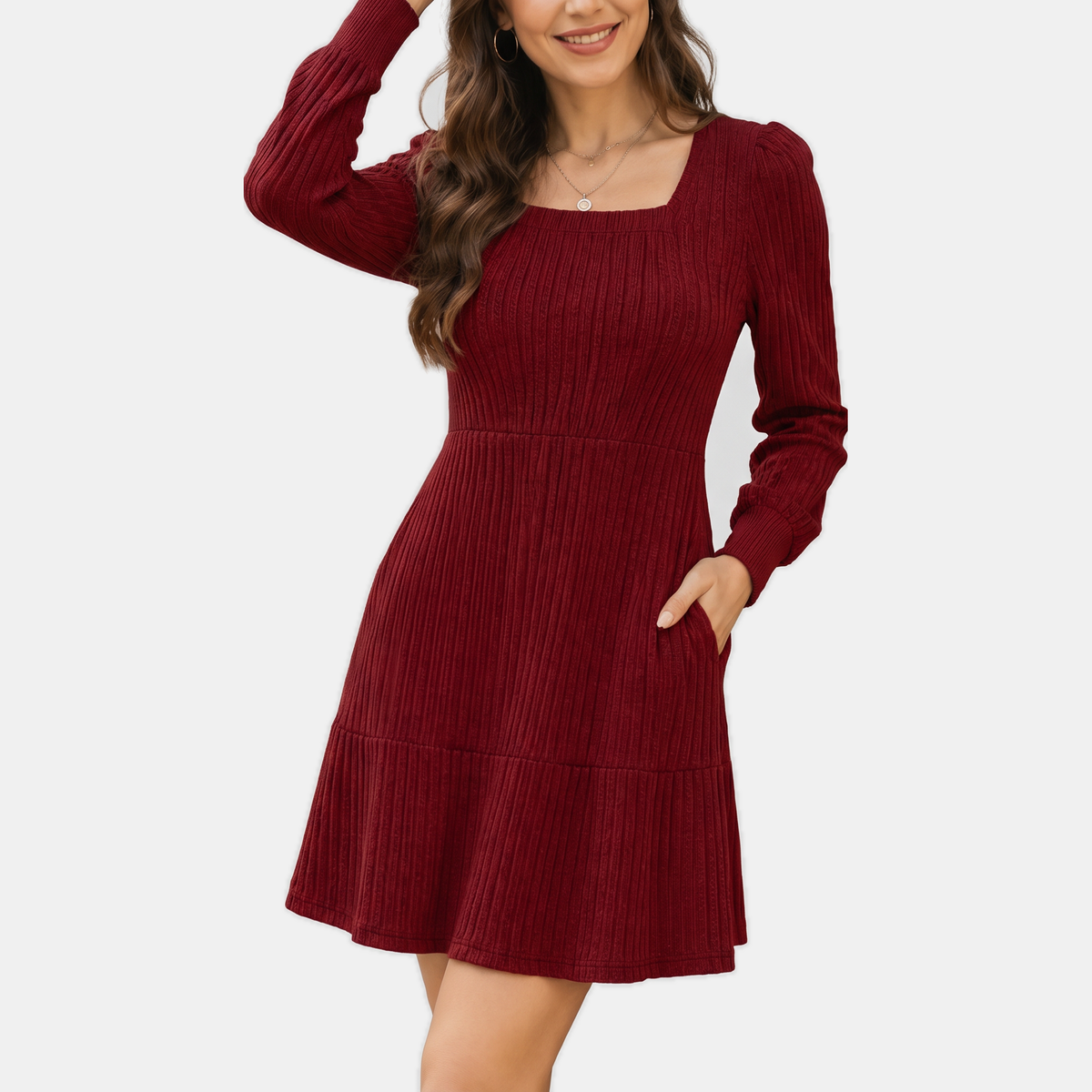 Women's Ribbed Knit Tiered Skirt Square Neck Mini Dress