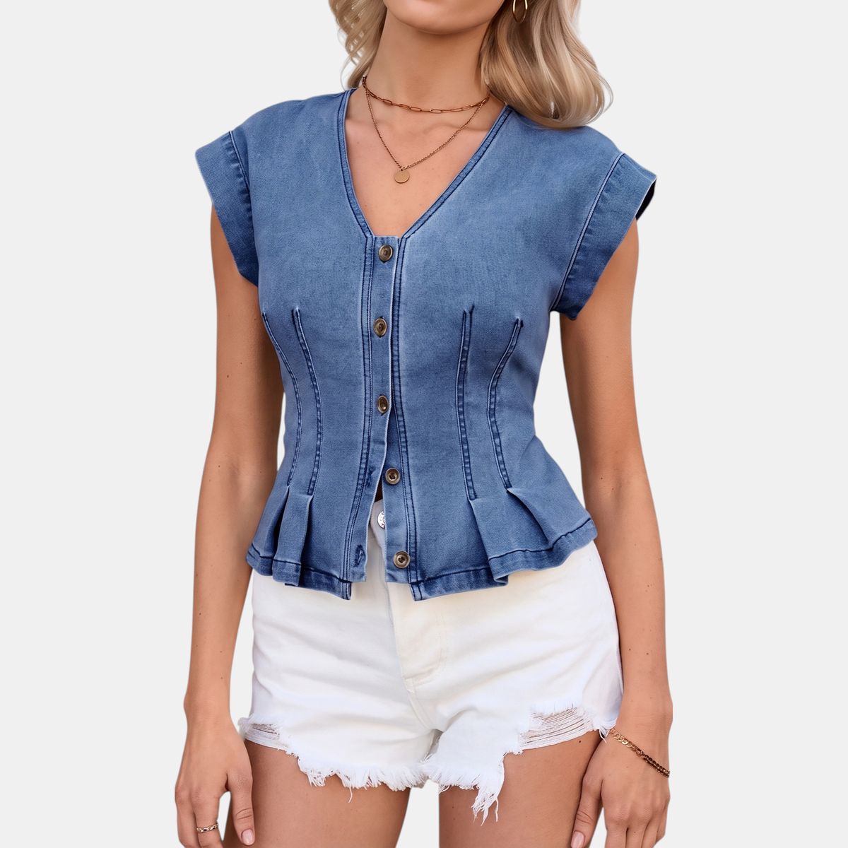 Women's Denim Vest Button Front Peplum Sleeveless Top
