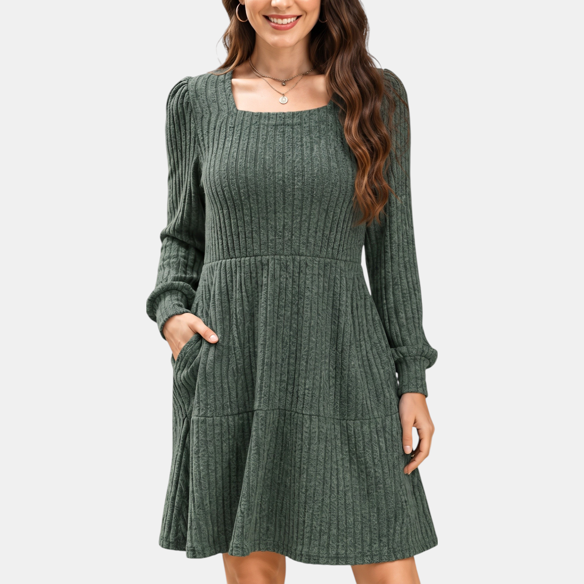 Women's Ribbed Knit Tiered Skirt Square Neck Mini Dress