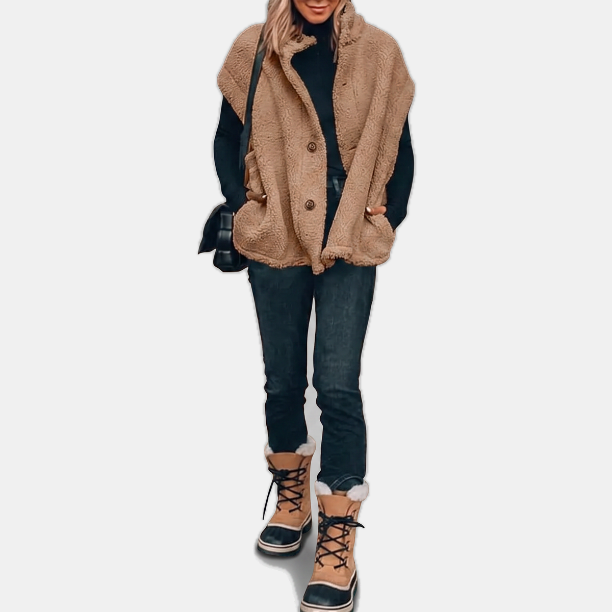 Women's Button Front Teddy Fleece Oversized Vest