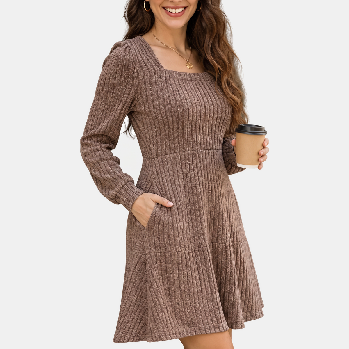Women's Ribbed Knit Tiered Skirt Square Neck Mini Dress