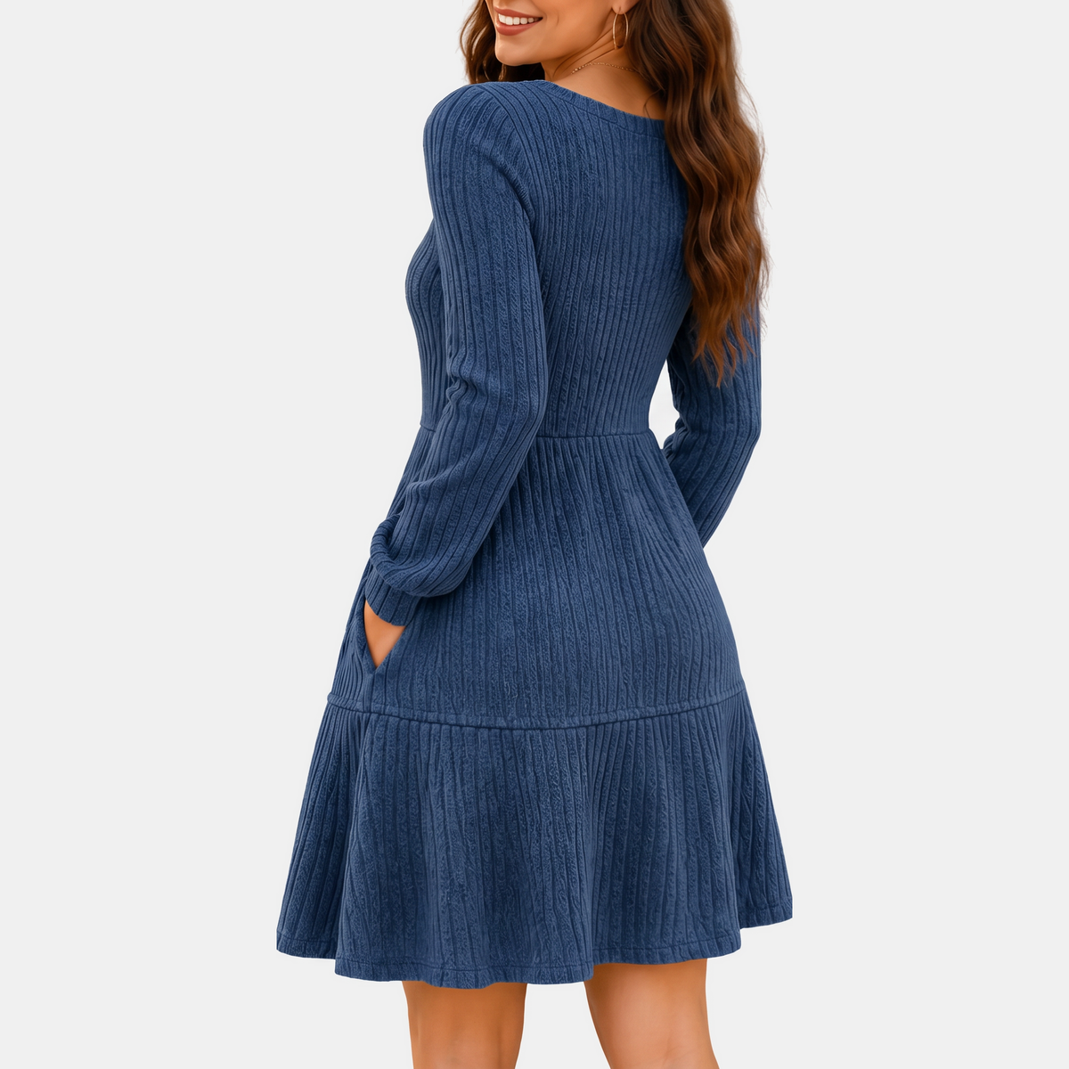 Women's Ribbed Knit Tiered Skirt Square Neck Mini Dress