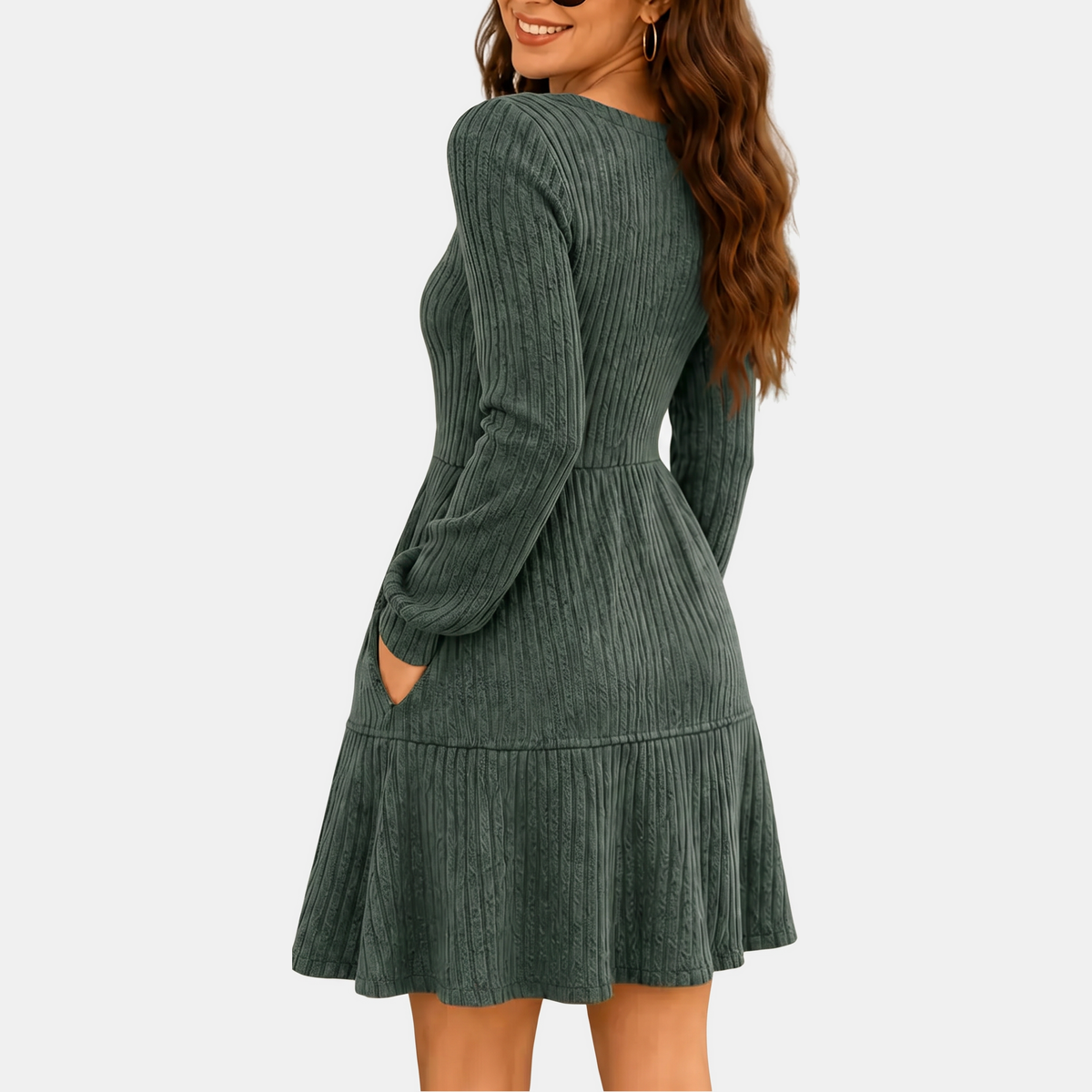 Women's Ribbed Knit Tiered Skirt Square Neck Mini Dress