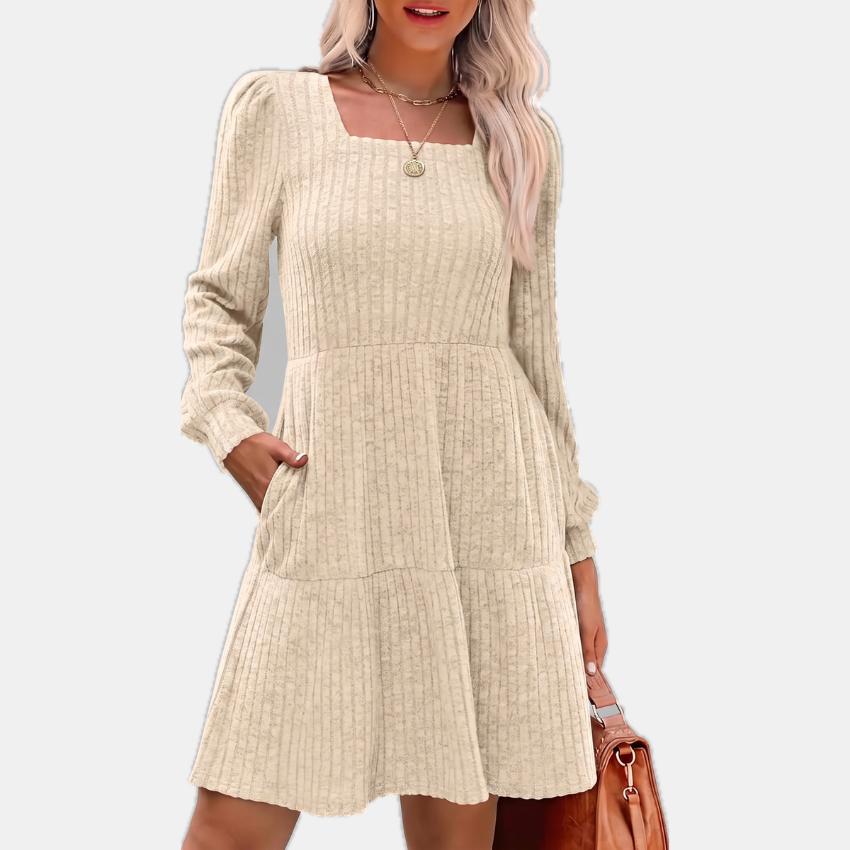 Women's Ribbed Knit Tiered Skirt Square Neck Mini Dress