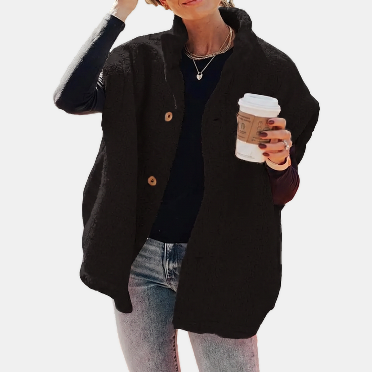 Women's Button Front Teddy Fleece Oversized Vest