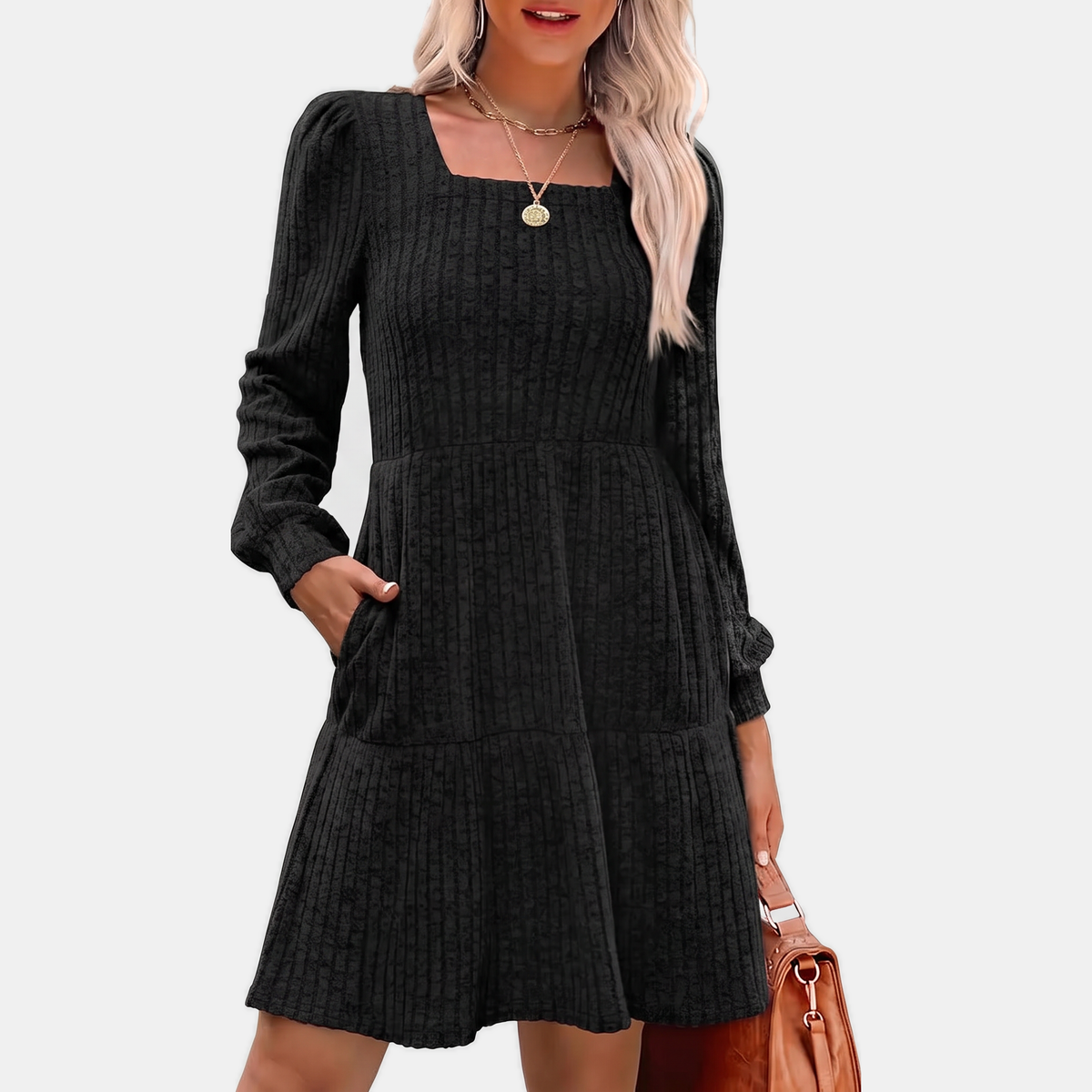 Women's Ribbed Knit Tiered Skirt Square Neck Mini Dress