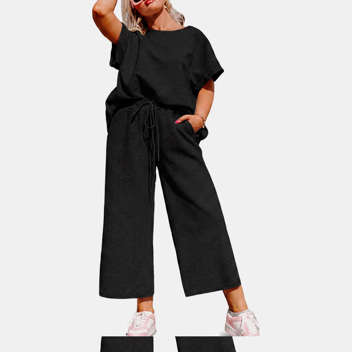 Women's Textured Drawstring Wide Leg Lounge Set