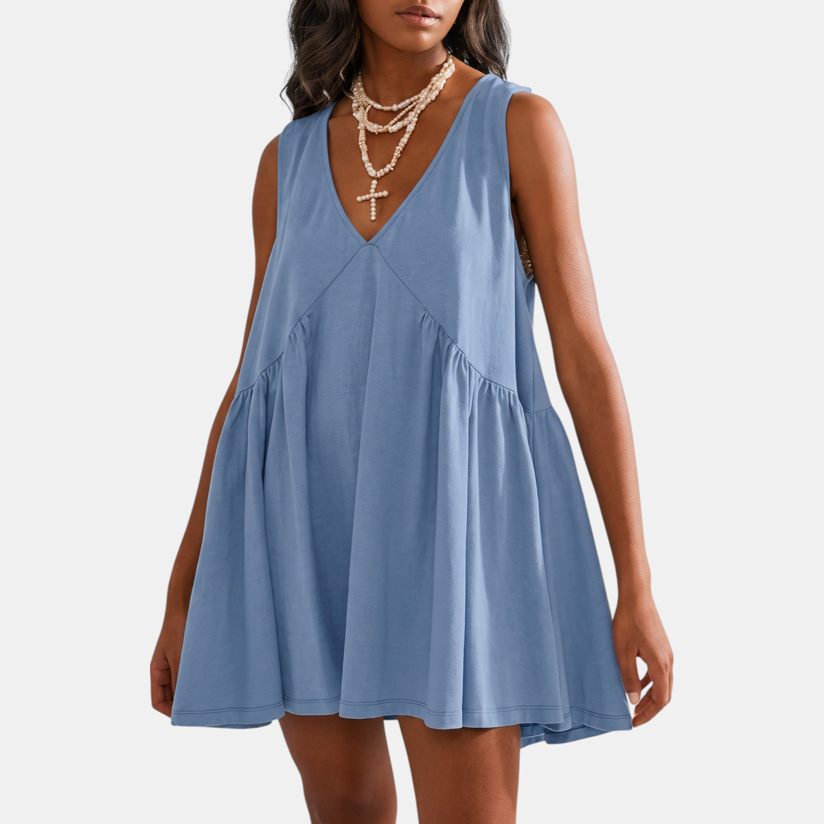 Women's Gathered Babydoll Sundress with Pockets