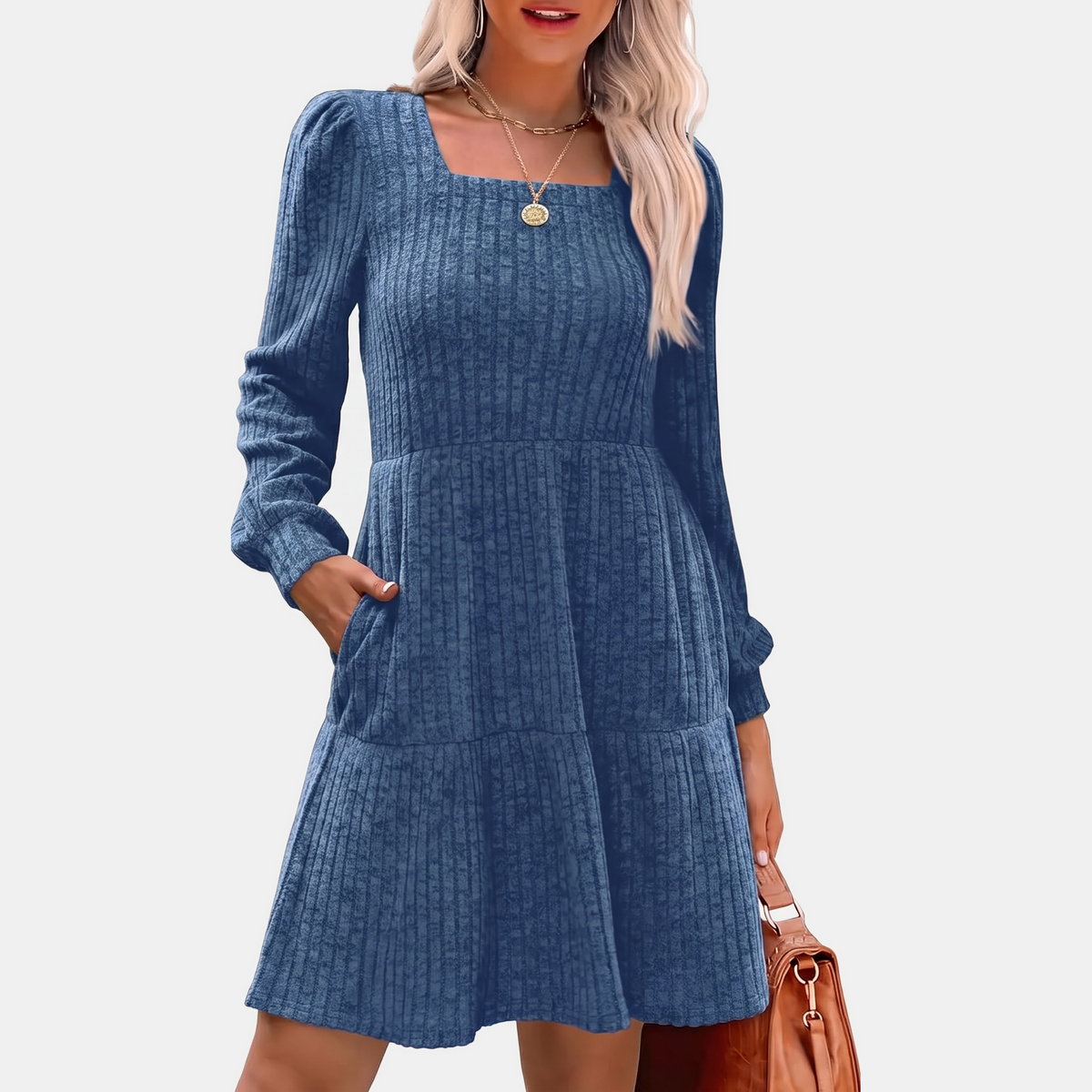 Women's Ribbed Knit Tiered Skirt Square Neck Mini Dress