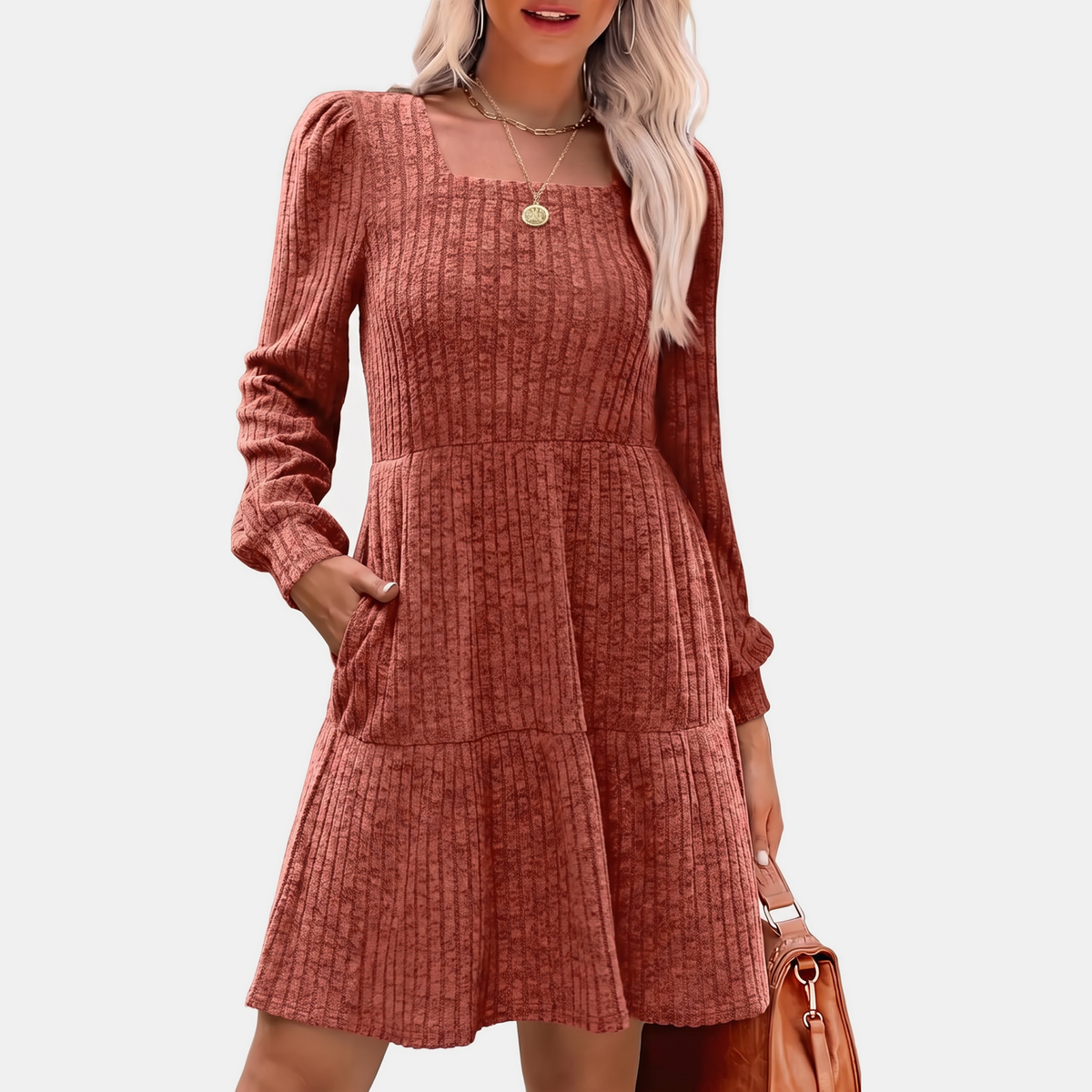 Women's Ribbed Knit Tiered Skirt Square Neck Mini Dress