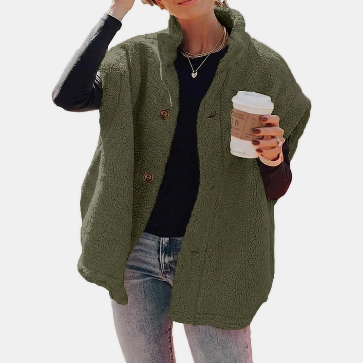 Women's Button Front Teddy Fleece Oversized Vest