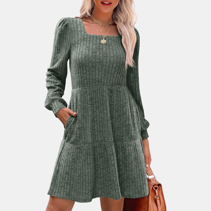 Women's Ribbed Knit Tiered Skirt Square Neck Mini Dress