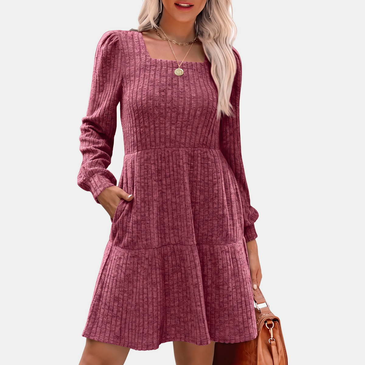 Women's Ribbed Knit Tiered Skirt Square Neck Mini Dress