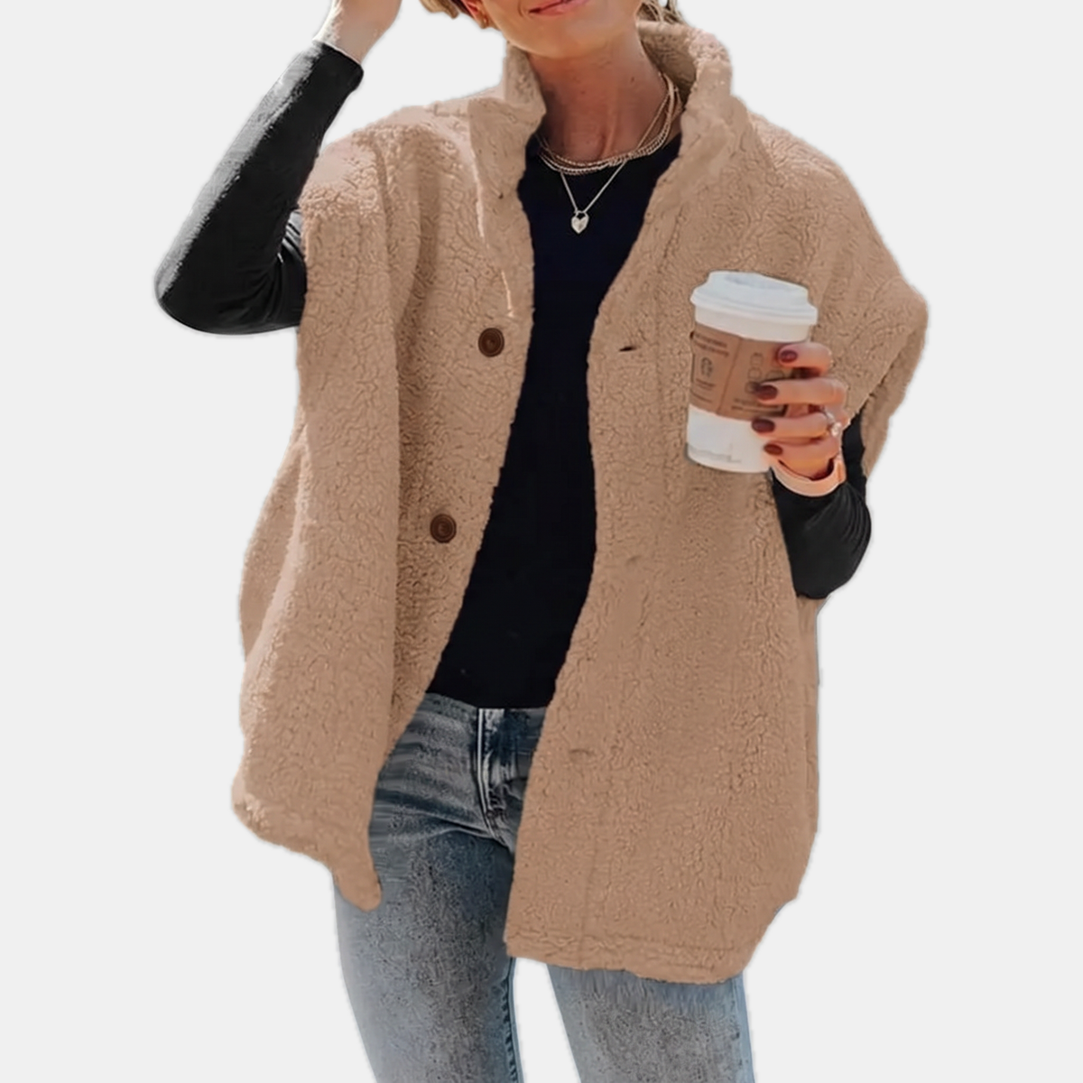 Women's Button Front Teddy Fleece Oversized Vest
