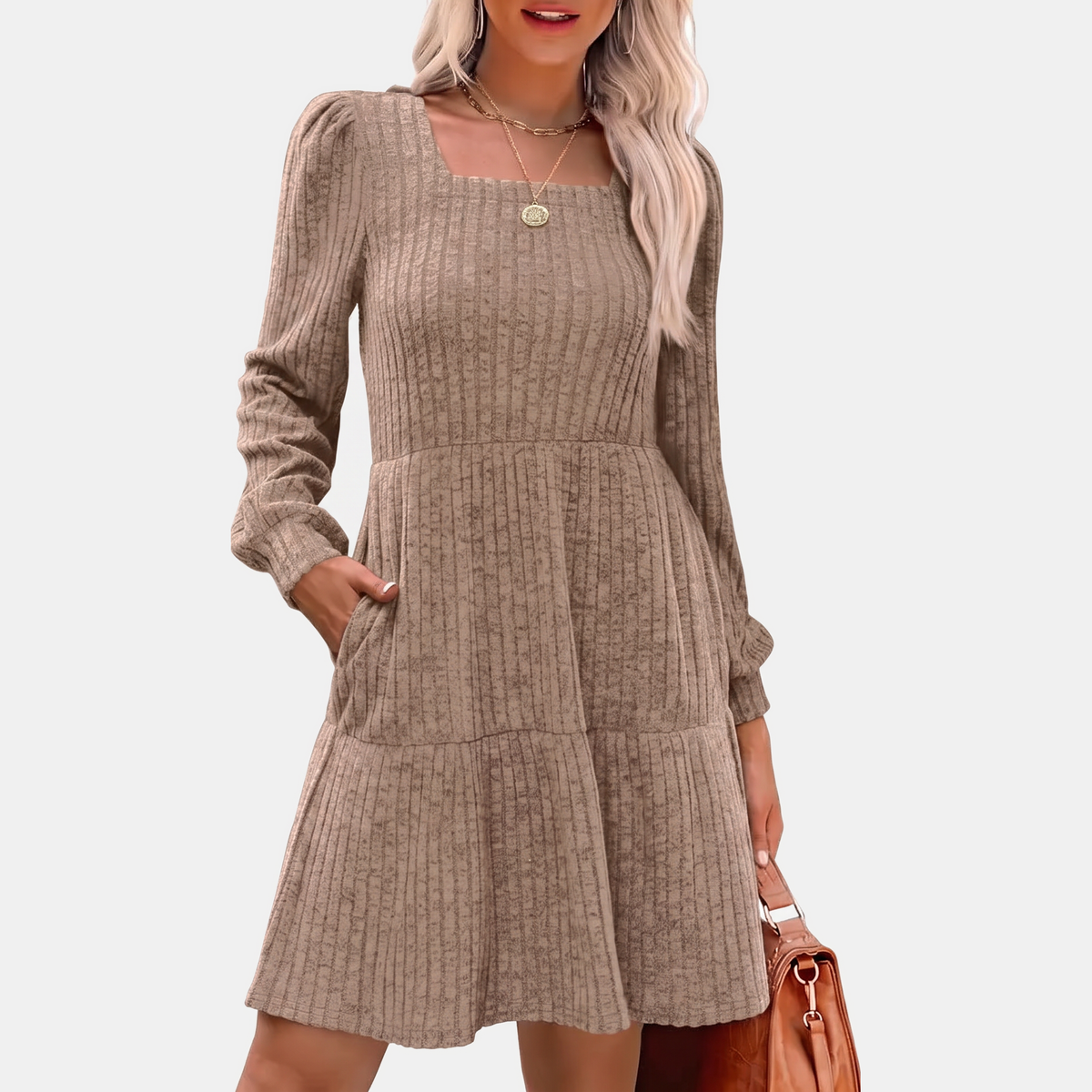 Women's Ribbed Knit Tiered Skirt Square Neck Mini Dress