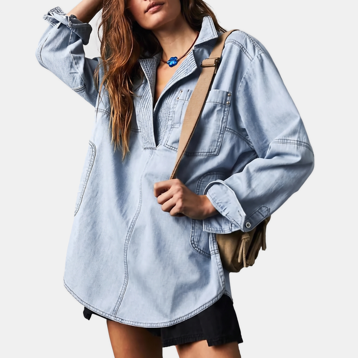 Women's Oversized V-Neck Long Sleeve Denim Shirt