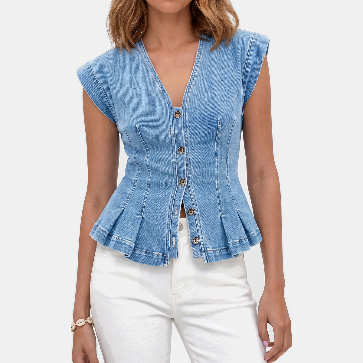 Women's Denim Vest Button Front Peplum Sleeveless Top