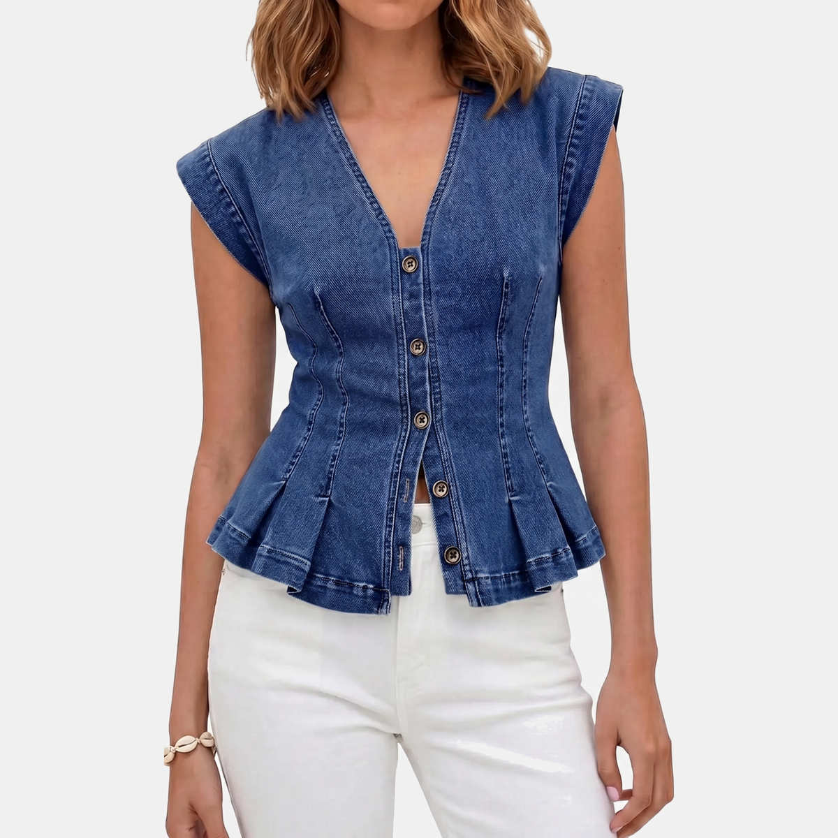 Women's Denim Vest Button Front Peplum Sleeveless Top