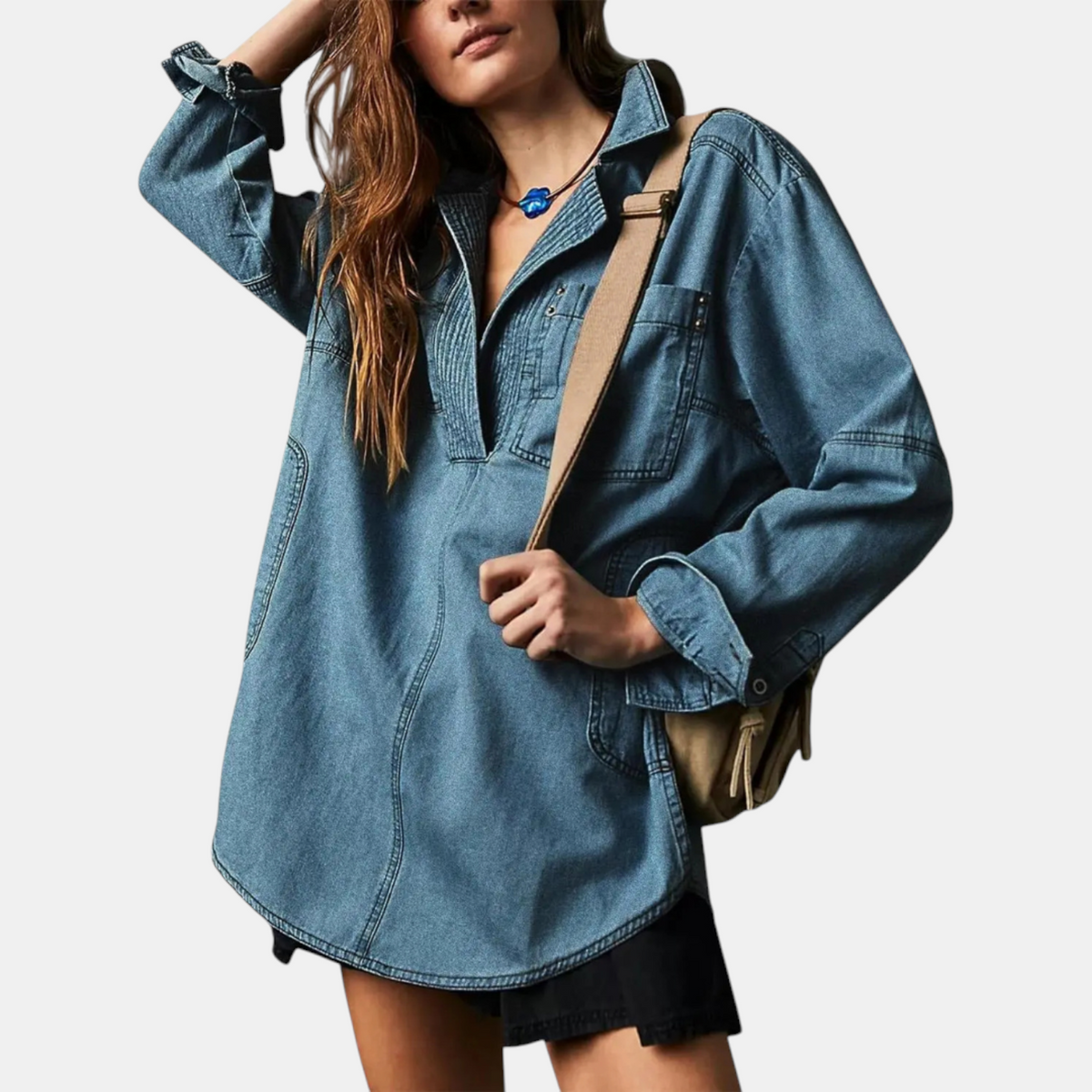 Women's Oversized V-Neck Long Sleeve Denim Shirt