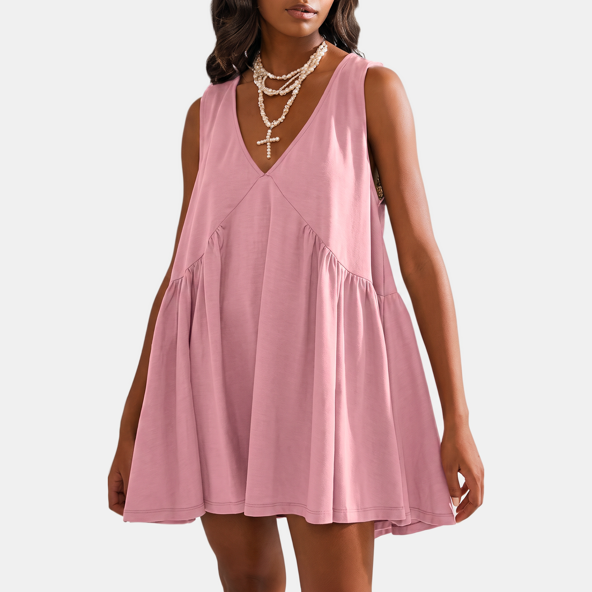 Women's Gathered Babydoll Sundress with Pockets