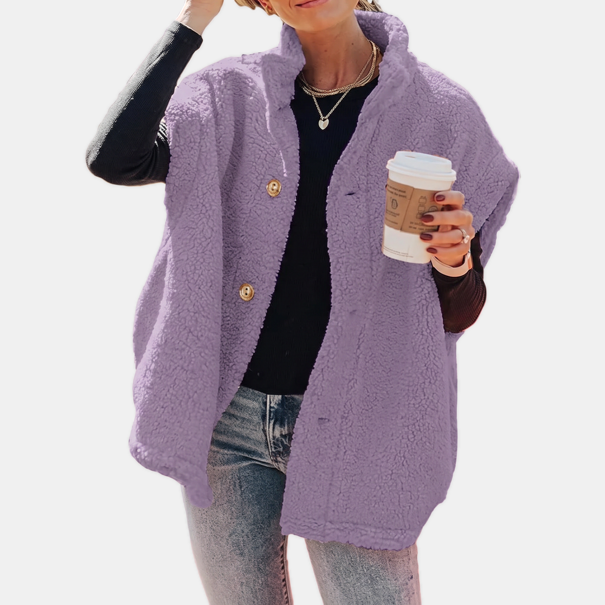Women's Button Front Teddy Fleece Oversized Vest