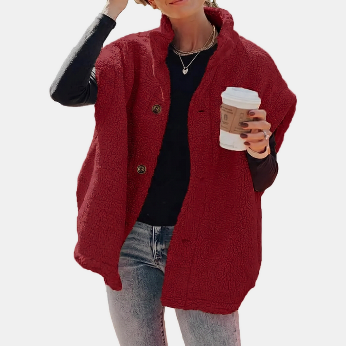 Women's Button Front Teddy Fleece Oversized Vest