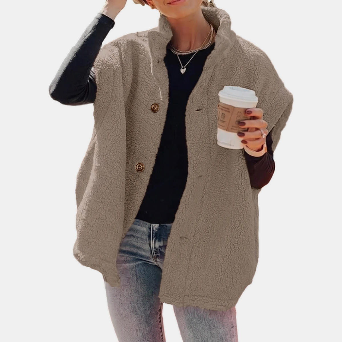 Women's Button Front Teddy Fleece Oversized Vest