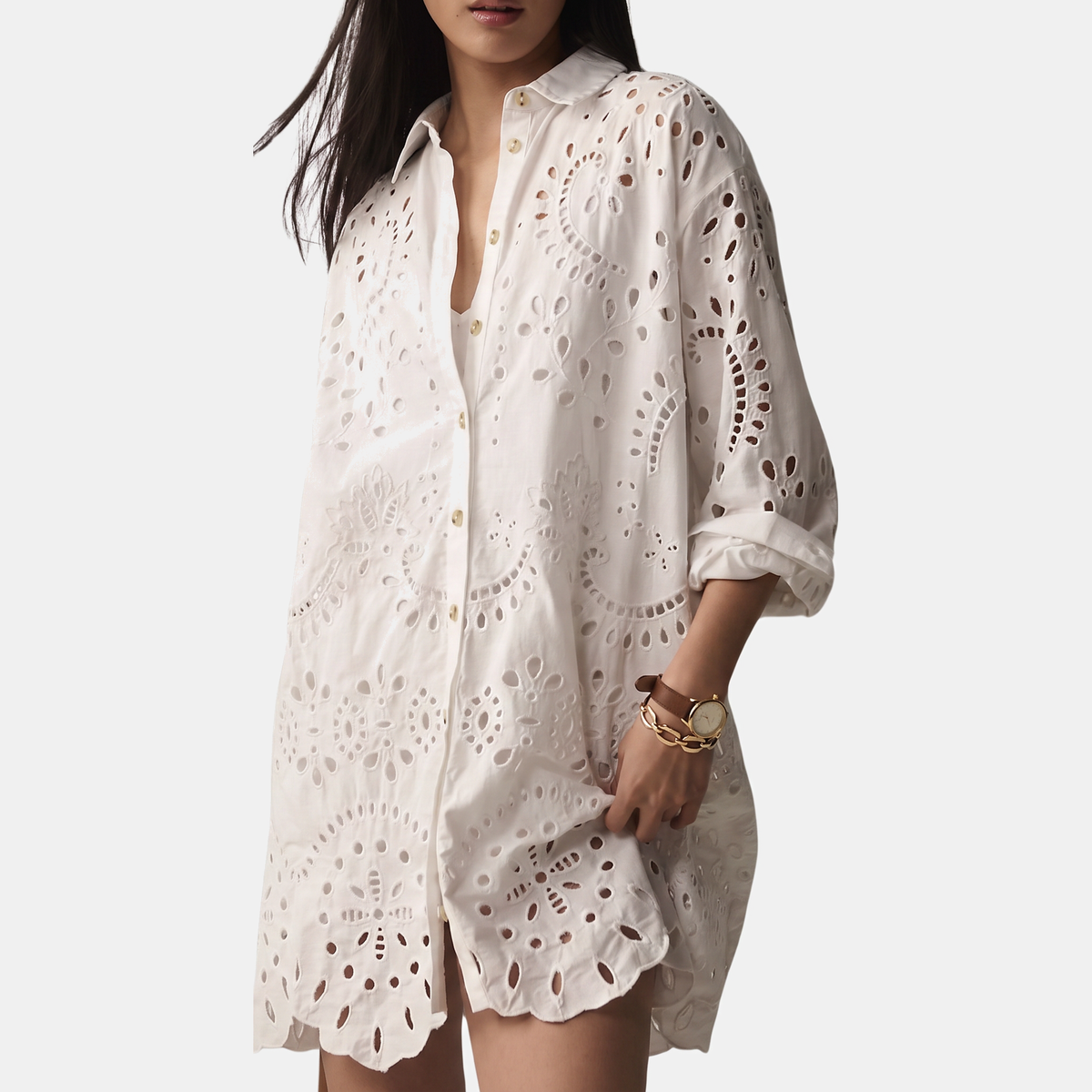 Women's Button Front Eyelet Embroidered Mini Dress