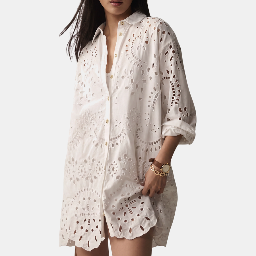 Women's Button Front Eyelet Embroidered Mini Dress