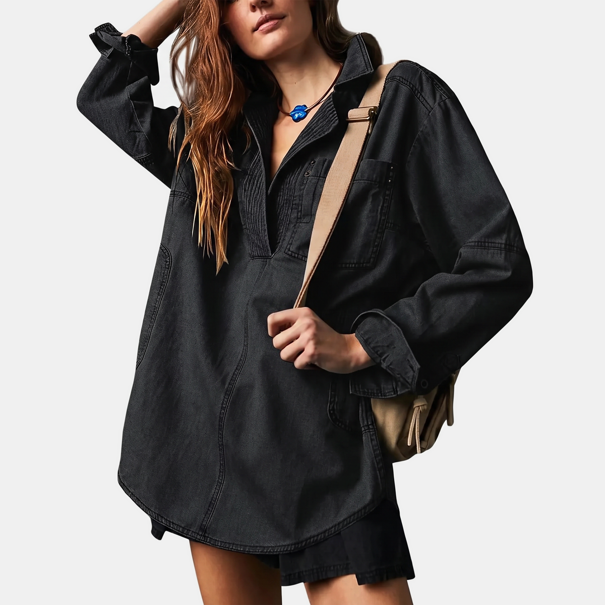 Women's Oversized V-Neck Long Sleeve Denim Shirt