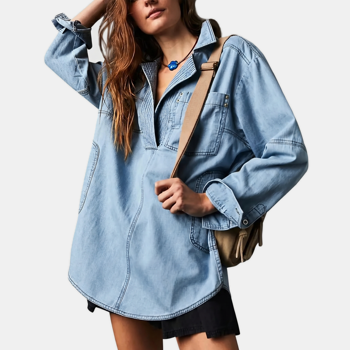 Women's Oversized V-Neck Long Sleeve Denim Shirt