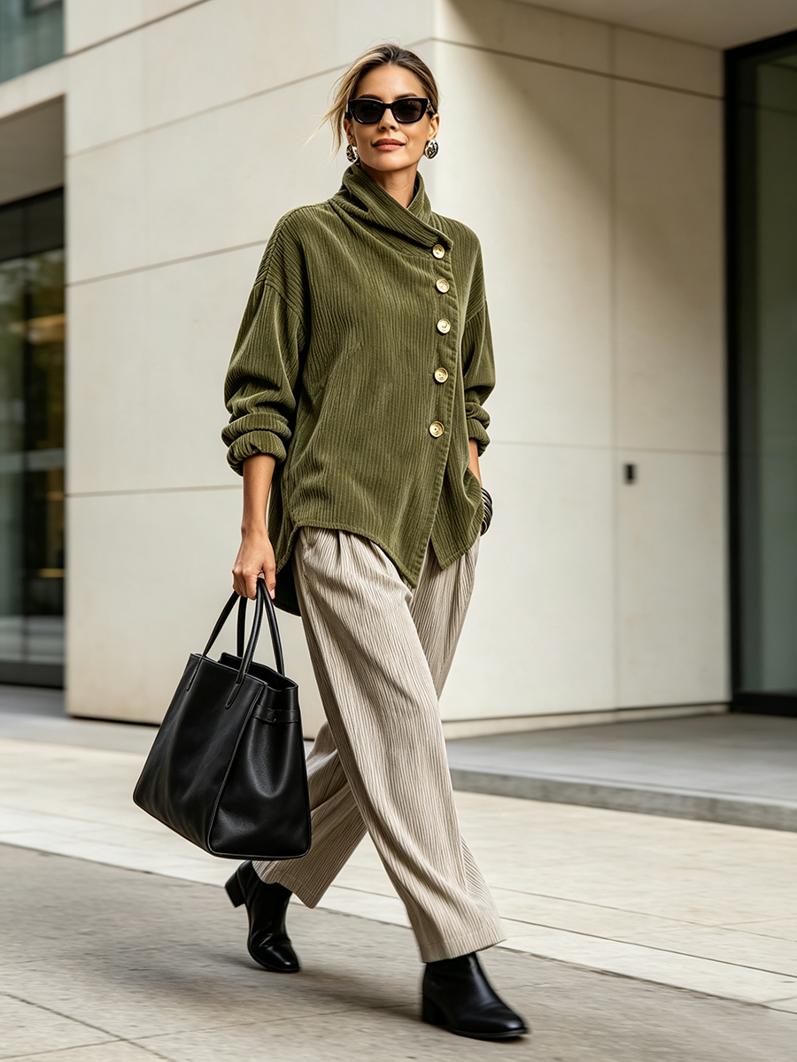 Nina™ | Asymmetric Button Corduroy Turtleneck